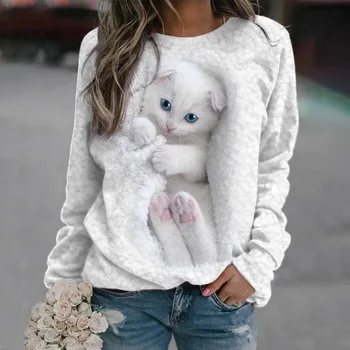Популярен през 2023 г., женски 3D пуловер с кръгло деколте и образа на привлекателен котка - Изображение 1  