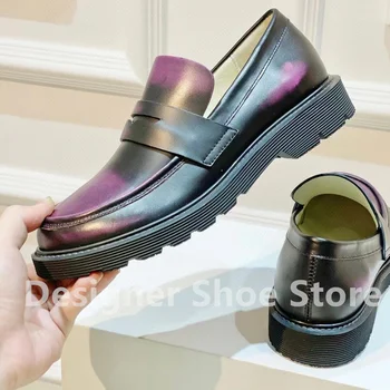 През пролетта на нова марка луксозни дамски лоферы в британския стил, кожена платформа, през цялата чорап, градиентный цвят, тънки обувки, дизайнерски дамски обувки - Изображение 1  