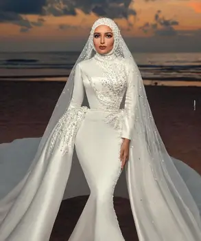 Прекрасни сватбени рокли мюсюлманската русалка с перли и подвижна влак, бродирани с мъниста, С високо деколте и дълги ръкави, сватбени рокли, Сатен, халат de - Изображение 2  