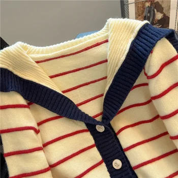 Ретро моряк на fortune яка, раираната жилетка с V-образно деколте, пуловер, палто, есенни женски однобортный вязаный топ в контрастен цвят с дълъг ръкав - Изображение 2  