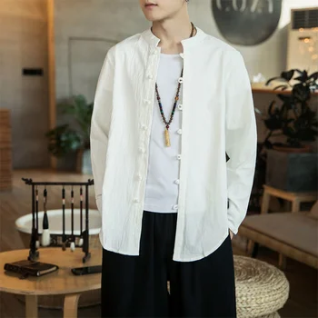 Риза В Китайски Стил за Мъже на Традиционната Китайска Облекло За Кунг-фу Реколта Памук, Ленени Ризи Hanfu Solid Men Tang Suit Top Пролет Ежедневни - Изображение 2  