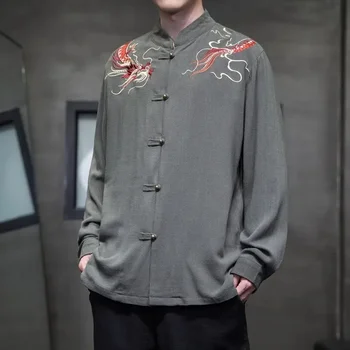 Риза с дълъг ръкав в китайски стил с диск деформира мъжки есента нов дишащ лен костюм от епохата на Тан, блуза с бродерия на дракона голям размер - Изображение 1  