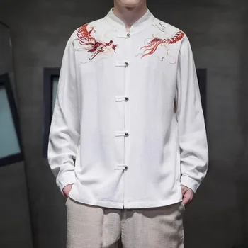 Риза с дълъг ръкав в китайски стил с диск деформира мъжки есента нов дишащ лен костюм от епохата на Тан, блуза с бродерия на дракона голям размер - Изображение 2  
