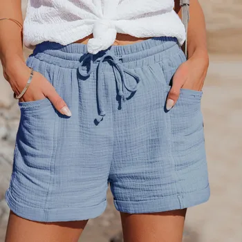 Свободни широки панталони дантела с висока талия за жени, летни нови памучни ежедневни спортни шорти със смесени джобове 2023 година на издаване - Изображение 2  