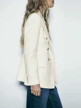 ТРАФИКА, Ново дамско модно двубортное палта-сако 2023, Винтажное палто с дълги ръкави и джобове с капаци, стилни дамски връхни облекла за офис дама - Изображение 2  
