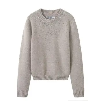 ТРАФИКА на Зимата топъл женски пуловер 2023, Нов модерен пуловер с дълъг ръкав и кръгло деколте, украсена с мъниста, Уличен шик тънък пуловер за млади студенти - Изображение 1  