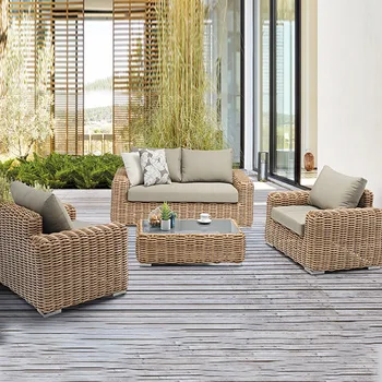 Уличен алуминиев разтегателен диван за балкона от ратан, комплект от четири плетени маси и столове за отдих в двора, на улицата диван-стол от ратан - Изображение 1  