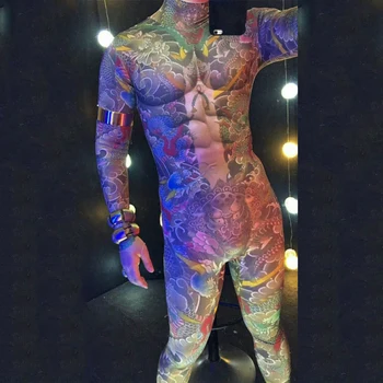Хелоуин, нощен клуб, Мъжки певица, Костюм за танци на един стълб, Гащеризон с татуировки в стил голи, Мъжки Еластични Чорапогащи, Рейв-облекло XS4385 - Изображение 2  
