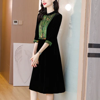 Черна коприна бархатное рокля с бродерия 2023, Ново универсално рокля с дължина до коляното с 3/4 ръкав, на Корейското вечерна рокля свободно намаляване на Vestidos - Изображение 2  
