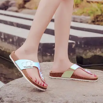нова лятна неонови обувки, женски корк джапанки, градиентные цветни сандали на равна подметка с хрустальным обувки, дамски джапанки jandal, плажни обувки - Изображение 1  